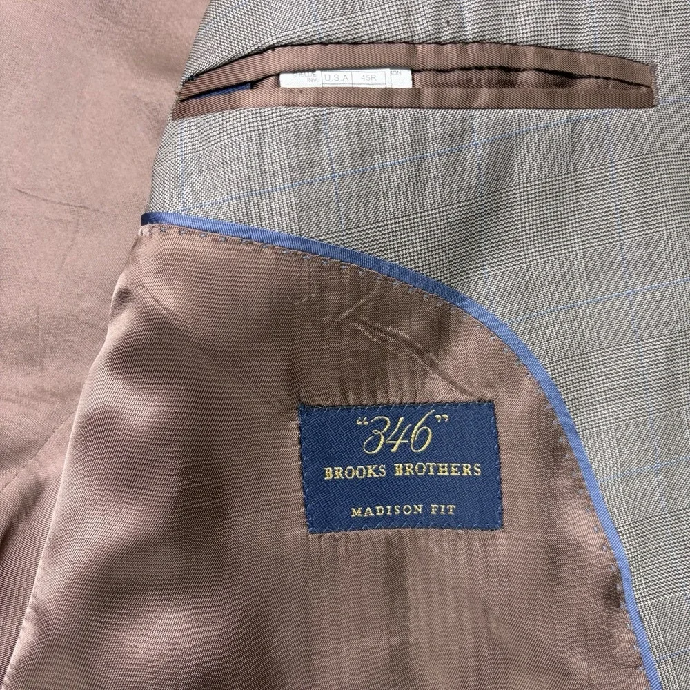 Brooks Brothers 346 Madison Fit Windowpane Glen Plaid Wool Suit Mens 45R 34x29